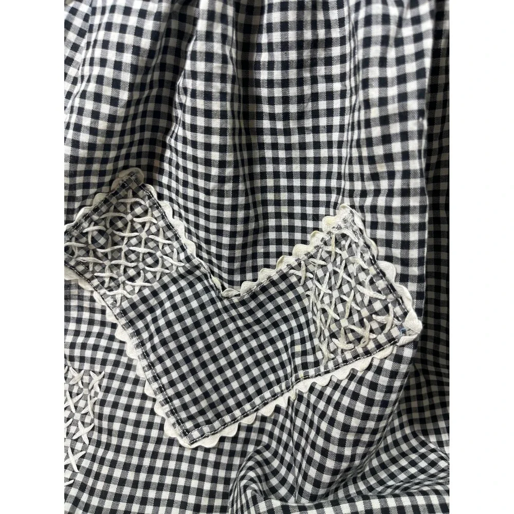 VTG Gingham 1/2 Apron Women Black White Chicken Scratch Embroidery Rickrack Trim